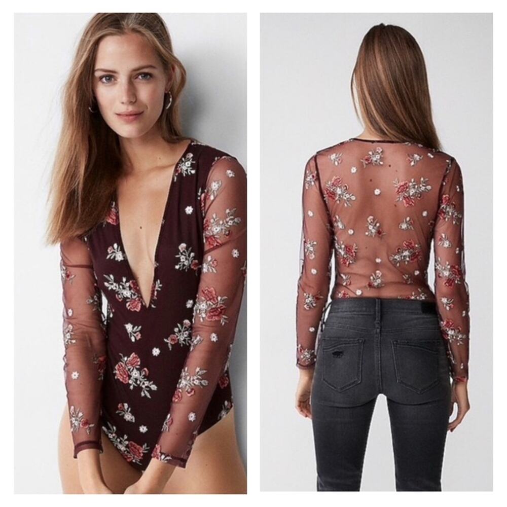 Express Mesh Floral Embroidered Plunging‎ V Neck Bodysuit XS